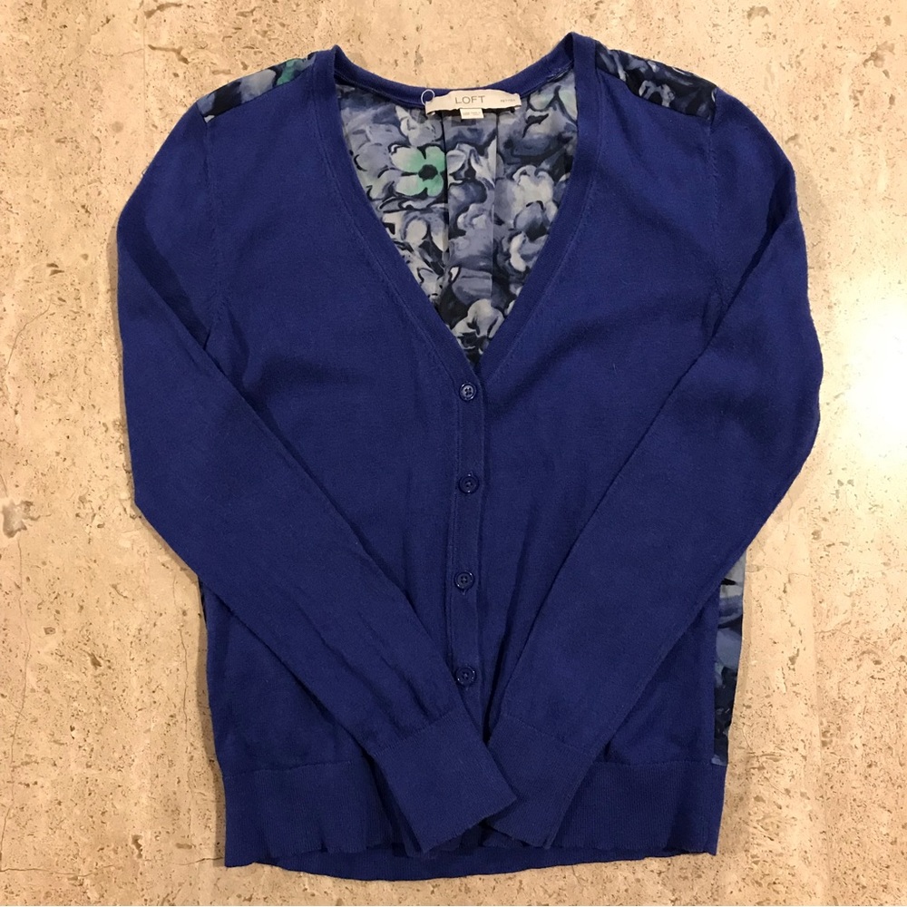 Ann Taylor Loft Blue Floral Sweater with Chiffon Back